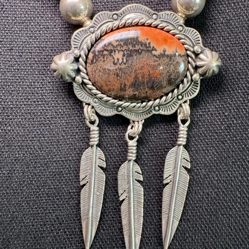 Carolyn Pollack Sterling Silver Jasper Feather Navajo Pearl Necklace‎ Southwest